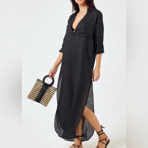 L*Space 100% Linen Capistrano Black Dress Swim Cover Up Slit Skirt size XS/S